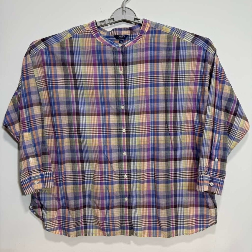 CHAPS Womens 2X Plaid Blouse Multicolor 3/4 Sleeve Button Front Relaxed Shirt
